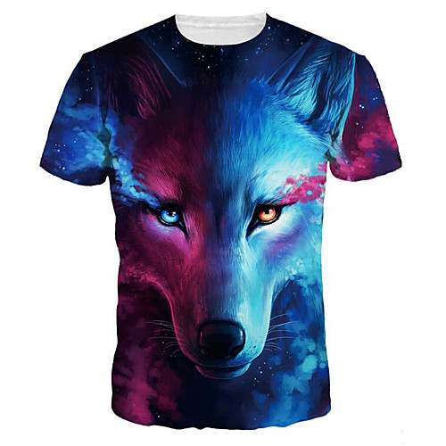 

Men's Daily Going out Basic / Exaggerated T-shirt - Animal Wolf, Print Round Neck Blue / Short Sleeve / Summer