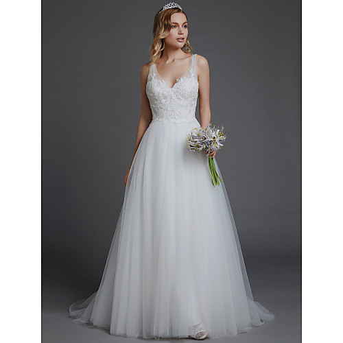 

A-Line V Neck Court Train Lace / Tulle Strapless Mordern Illusion Detail Made-To-Measure Wedding Dresses with Lace 2020