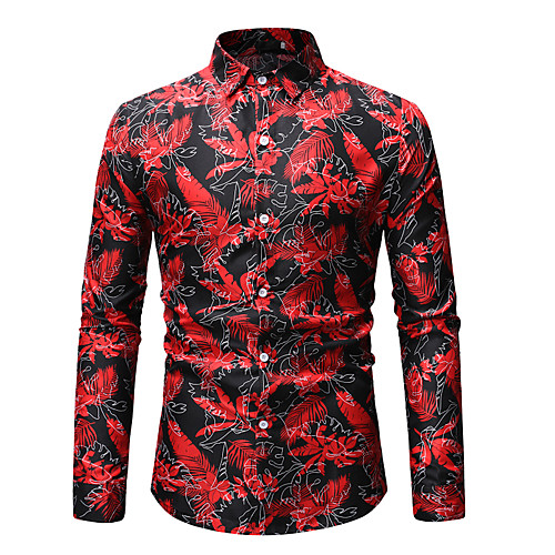 

Men's Going out Club Basic / Street chic Shirt - Floral Print Spread Collar Black / Long Sleeve / Spring / Fall