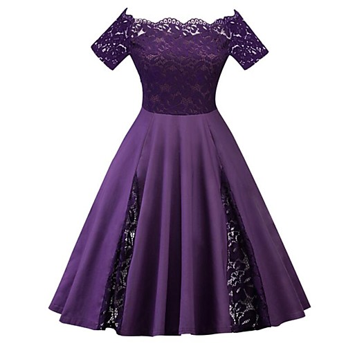 

Women's Plus Size Party Vintage 1950s A Line Dress - Solid Colored Lace Off Shoulder Spring Purple Wine Royal Blue XXXL XXXXL XXXXXL / Sexy