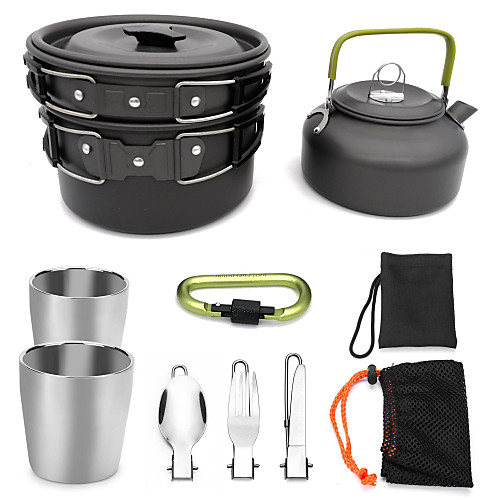 

ARDI Camping Cookware Mess Kit Camping Pot Dinnerware Set Pot Rack & Accessories Utensils Lightweight for 2 - 3 person Stainless steel Aluminium Alloy Outdoor Hiking Camping Black Orange Green