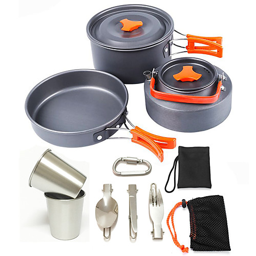 

Camping Pot with Pan Cookware Sets 9pcs Lightweight Windproof Rain Waterproof for 3 person Hard Alumina Outdoor Fishing Camping Grey