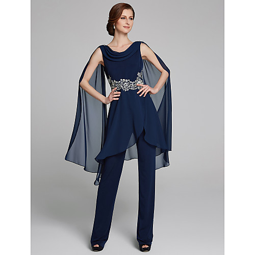 

Pantsuit / Jumpsuit Cowl Neck Floor Length Chiffon Sleeveless Sexy / Plus Size Mother of the Bride Dress with Beading / Appliques Mother's Day 2020