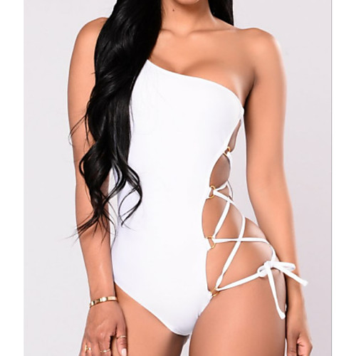 

Women's Off Shoulder White Black Red Cheeky One-piece Swimwear - Solid Colored Lace up M L XL White / Sexy