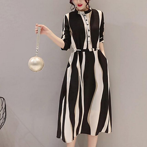 

Women's Black Dress A Line Striped Stand S M