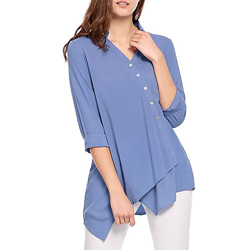 

Жен. Рубашка V-образный вырез Тонкие Однотонный Синий M