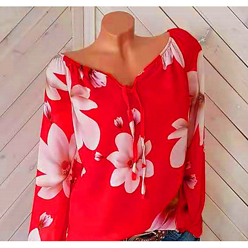 

2019 New Arrival Shirts Women's Holiday Plus Size Shirt - Floral Floral / Print Camisas Mujer Chemise Femme / Off Shoulder V Neck Red XXXL / Spring / Summer