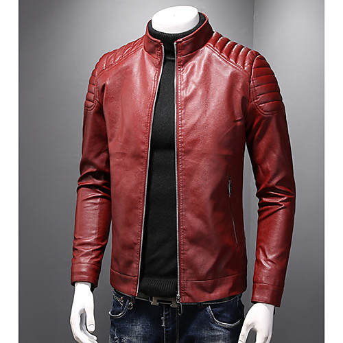 

Муж. Повседневные Весна Обычная Куртка, Однотонный Воротник-стойка Длинный рукав Искусственная кожа Синий / Черный / Красный XL / XXL / XXXL