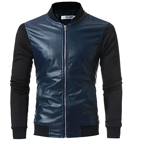 

Муж. Повседневные Классический Весна & осень Обычная Куртка, Однотонный Воротник-стойка Длинный рукав Полиэстер Черный / Темно синий XL / XXL / XXXL