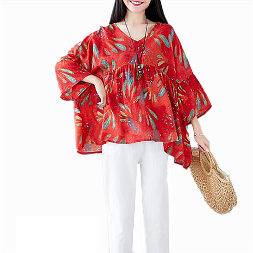 

Жен. Пэчворк / С принтом Футболка Хлопок, V-образный вырез Свободный силуэт Цветочный принт Зеленый L