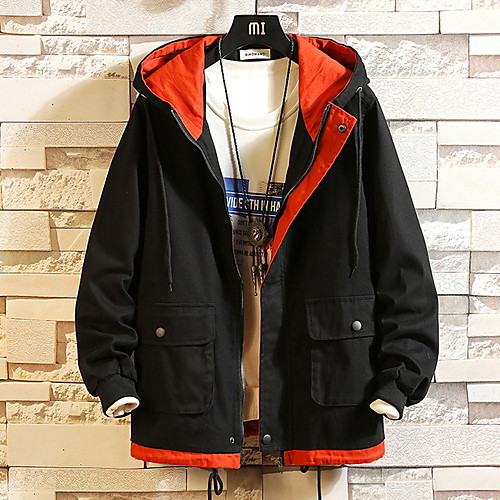 

Муж. Повседневные Осень Обычная Куртка, Контрастных цветов Капюшон Длинный рукав Хлопок Черный / Военно-зеленный XXXL / XXXXL / XXXXXL