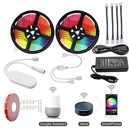 

KWB 2x5M Light Sets / RGB Strip Lights / Smart Lights 600 LEDs SMD5050 1 12V 6A Adapter / 1Set Mounting Bracket / 1 To 2 Cable Connector 1 set RGB Waterproof / APP Control / Cuttable 100-240 V