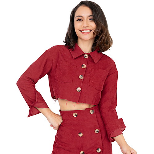 

Жен. Повседневные Короткая Куртка, Однотонный Рубашечный воротник Длинный рукав Полиэстер Красный / Желтый M / L / XL