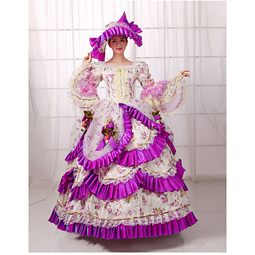 фото Рококо викторианский стиль 18-ый век платья костюм для вечеринки маскарад жен. кружево хлопок костюм лиловый винтаж косплей длинный с пышной юбкой / цветочный принт / шапки lightinthebox
