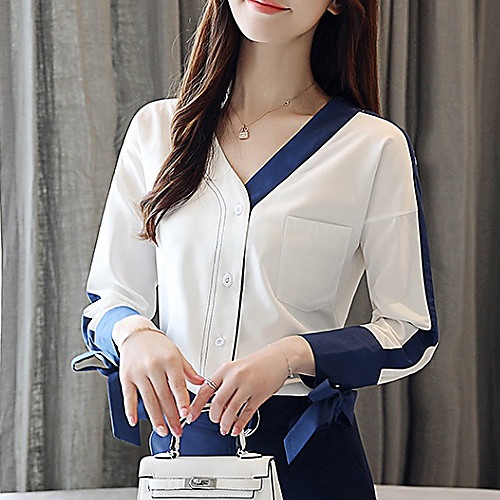 

Жен. Пэчворк Блуза V-образный вырез Тонкие Однотонный Белый L