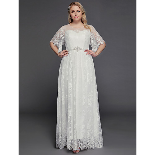 

A-Line Illusion Neck / Jewel Neck Floor Length Lace / Tulle Half Sleeve Formal / Boho Little White Dress / See-Through Wedding Dresses with Beading / Lace Insert 2020 / Petal Sleeve