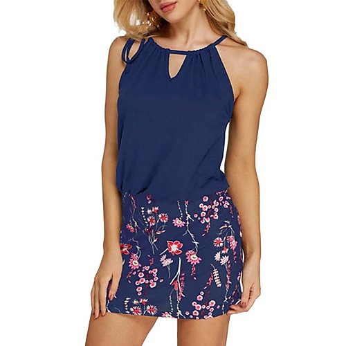 

Жен. Классический Прямое Платье - Цветочный принт, Шнуровка Мини