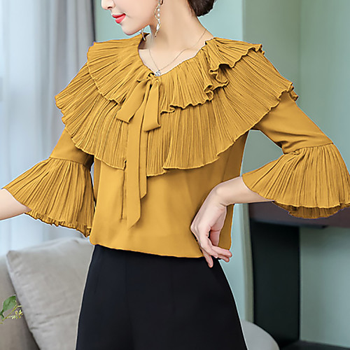 

Жен. Плиссировка Блуза Однотонный Черный XL