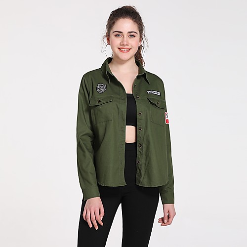 

Жен. Повседневные Классический Весна & осень / Весна лето Обычная Куртка, Однотонный Воротник-стойка Длинный рукав Полиэстер Зеленый M / L / XL