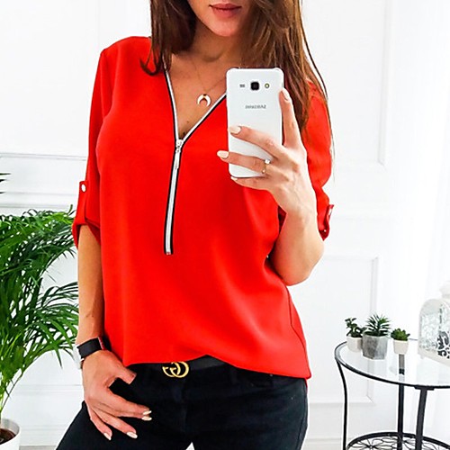 

2020 Hot Sale Shirts Women's Plus Size Shirt - Solid Colored Camisas Mujer Chemise Femme V Neck Red XXXL