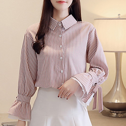 

Жен. Рубашка Рубашечный воротник Полоски Розовый L