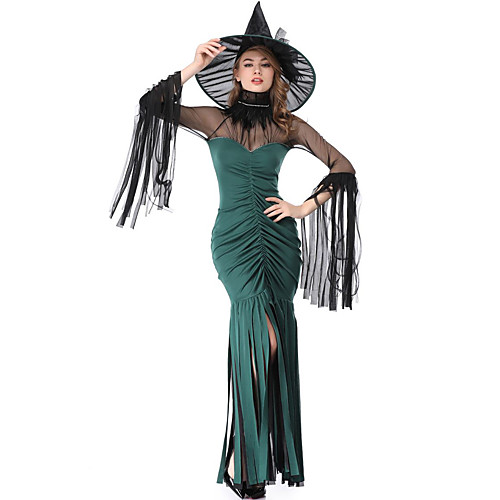 фото Ведьма платья косплэй kостюмы шапки взрослые жен. платья хэллоуин хэллоуин карнавал маскарад фестиваль / праздник тюль полиэстер зеленый карнавальные костюмы пэчворк Lightinthebox