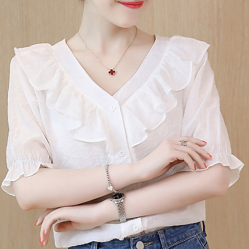 

Жен. Блуза V-образный вырез Тонкие Однотонный