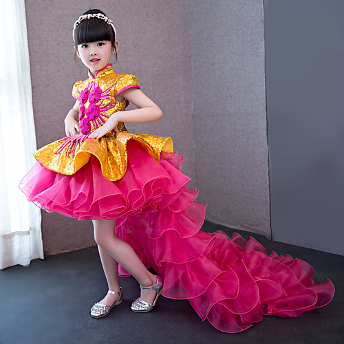 

Детские Девочки В китайском стиле Оса-Waisted Платья Cheongsam Назначение Помолвка Девичник Тюль Шифон Вышивка Со шлейфом типа Вато Выше колена Платье