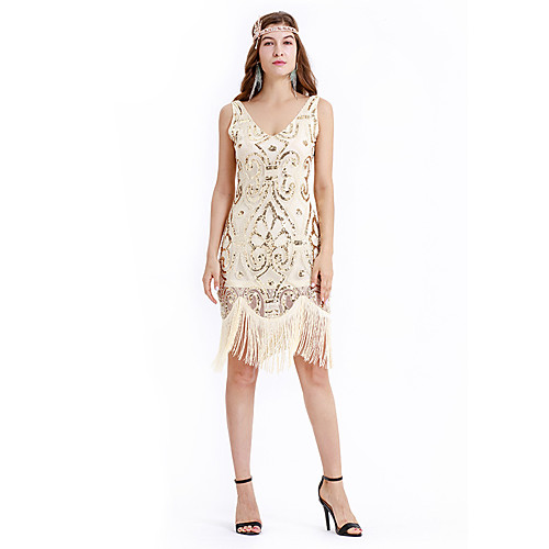 

The Great Gatsby Charleston Retro Vintage 1920s Wasp-Waisted Flapper Dress Dress Women's Sequins Tassel Sequin Costume Beige Vintage Cosplay Party Homecoming Knee Length