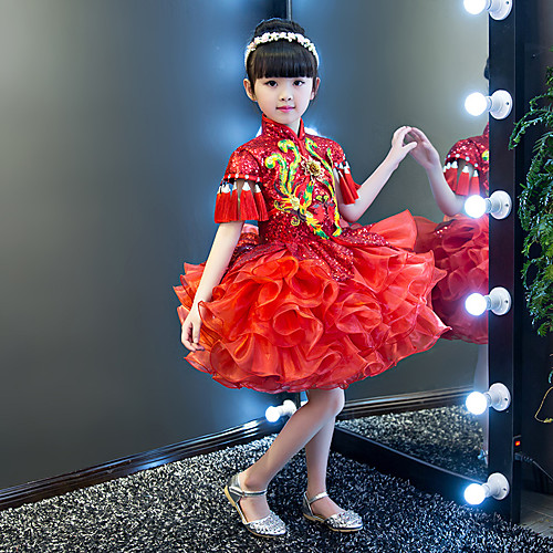 

Детские Девочки В китайском стиле Пайетки Оса-Waisted Платья Cheongsam Назначение Помолвка Девичник Тюль Полиэстер Выше колена Платье