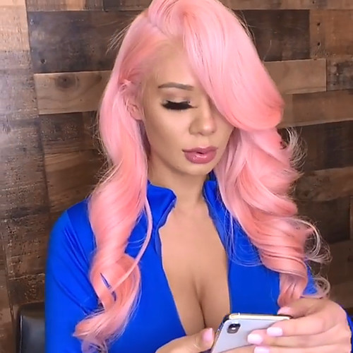 

Synthetic Lace Front Wig Wavy Kardashian Style Layered Haircut Lace Front Wig Pink Pink Synthetic Hair Women's curling Pink Wig Medium Length / Yes