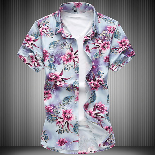 

Муж. С принтом Рубашка Классический воротник Цветочный принт Синий XXXXL