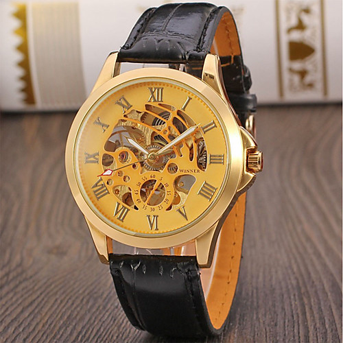 

Men's Mechanical Watch Quartz Genuine Leather Black Hollow Engraving Analog Casual Fashion - Gold Black