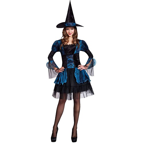 фото Ведьма платья косплэй kостюмы шапки взрослые жен. платья хэллоуин хэллоуин карнавал маскарад фестиваль / праздник тюль хлопок синий карнавальные костюмы пэчворк Lightinthebox