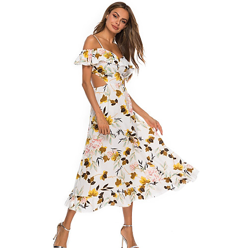 

Жен. Классический С летящей юбкой Платье - Цветочный принт, Оборки Средней длины