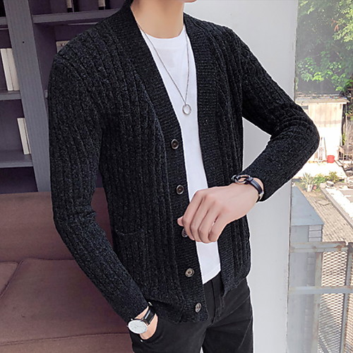

Муж. Однотонный Кардиган Осень Черный / Серый L / XL / XXL