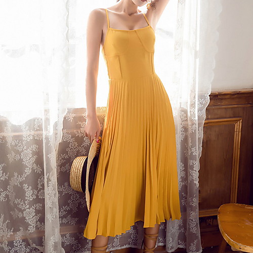 

Жен. Классический С летящей юбкой Платье - Однотонный, Плиссировка Средней длины