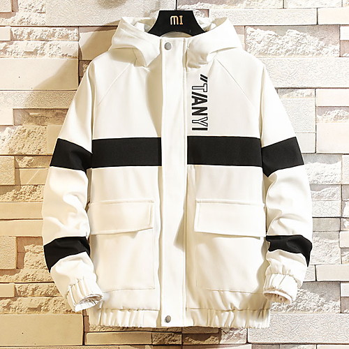 

Муж. Повседневные Весна Обычная Куртка, Контрастных цветов Капюшон Длинный рукав Полиэстер Белый / Черный XL / XXL / XXXL