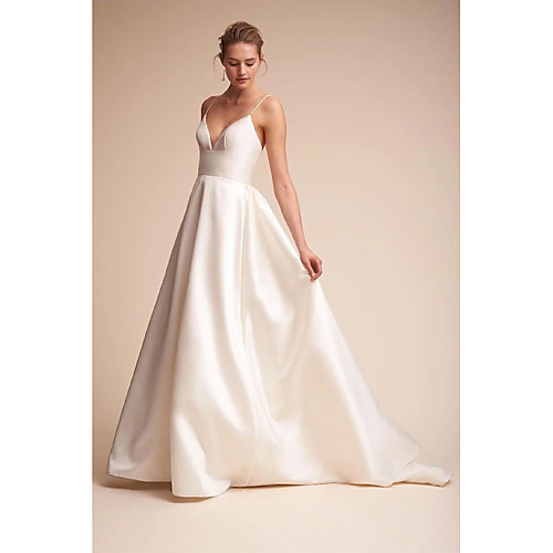 

A-Line V Neck Court Train Stretch Satin Spaghetti Strap Little White Dress / Open Back / Sexy Made-To-Measure Wedding Dresses with Draping / Side-Draped 2020
