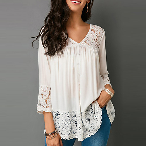 

Жен. Кружева Большие размеры - Блуза V-образный вырез Однотонный Оранжевый XXXL