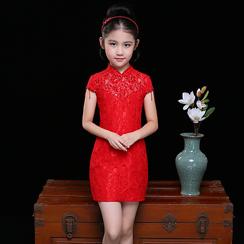

Детские Девочки В китайском стиле Оса-Waisted Cheongsam Назначение Помолвка Девичник Кружево Полиэстер Выше колена Платье