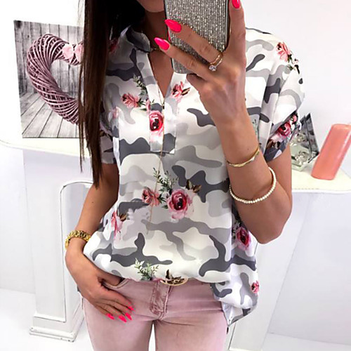 

Жен. Футболка V-образный вырез Тонкие Цветочный принт / камуфляж Серый M