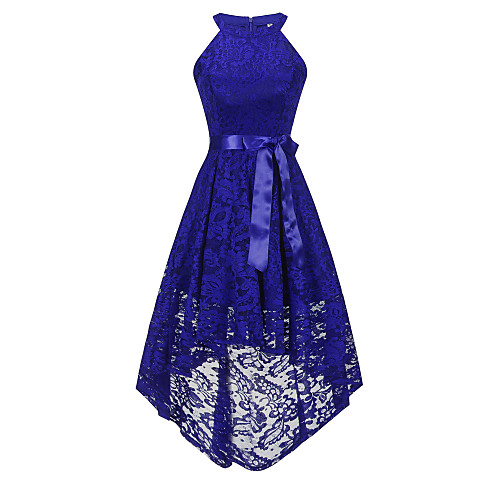 

A-Line Halter Neck Asymmetrical Lace Hot / Blue Cocktail Party / Homecoming Dress with Bow(s) / Sash / Ribbon 2020