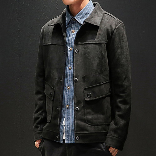 

Муж. Повседневные Весна Обычная Куртка, Однотонный Отложной Длинный рукав Полиэстер Черный / Хаки XXXL / XXXXL / XXXXXL