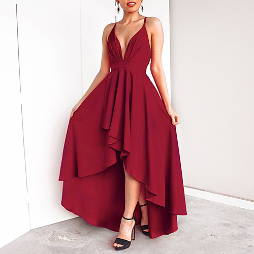 

A-Line V Neck Asymmetrical Chiffon Minimalist / Red Cocktail Party / Holiday Dress with Pleats 2020