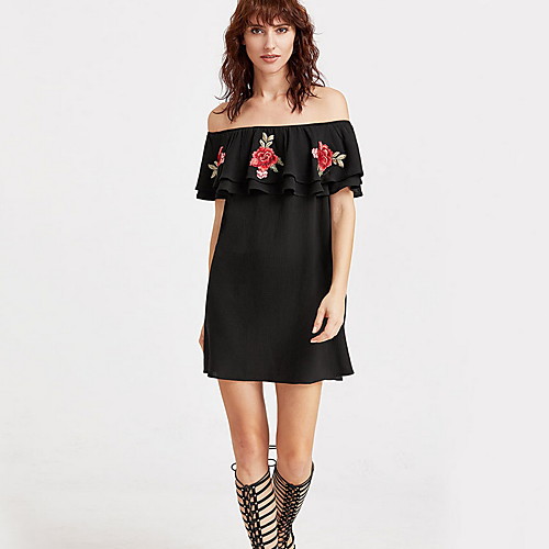 

Жен. Прямое Платье - Цветочный принт, Вышивка Мини