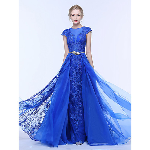 

A-Line Jewel Neck Court Train Lace / Tulle Elegant & Luxurious / See Through Formal Evening / Holiday Dress 2020 with Beading / Appliques / Sash / Ribbon