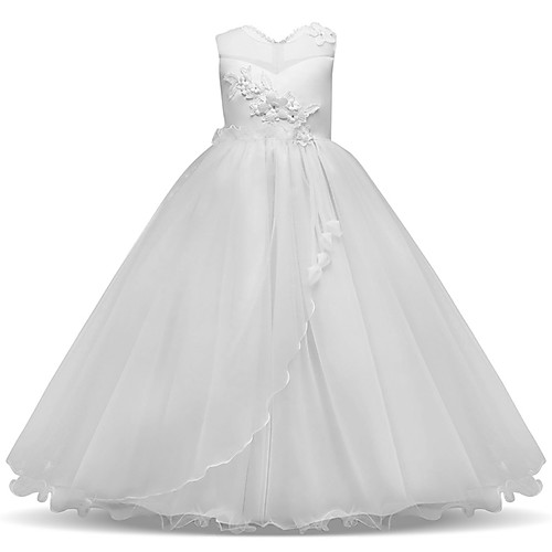

Princess Long Length Flower Girl Dress - Lace / Tulle Sleeveless Jewel Neck with Appliques / Bow(s) / Tier / First Communion