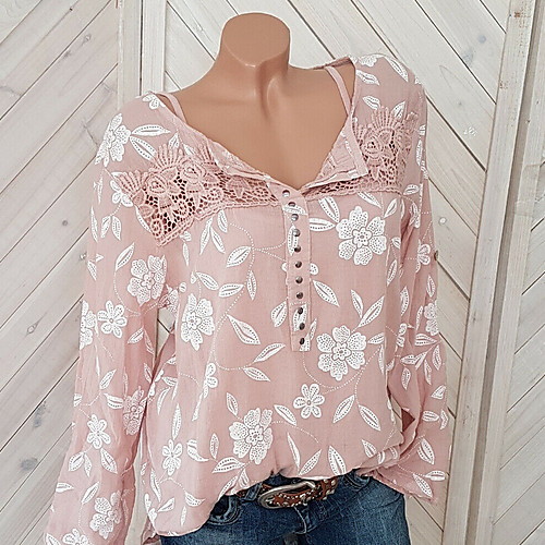 

Women's Daily Going out Street chic Plus Size Blouse - Floral Dusty Rose, Lace Shirt Collar Black / Spring / Fall