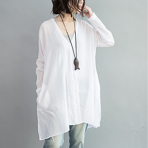 

Жен. Пэчворк Рубашка Хлопок, V-образный вырез Свободный силуэт Однотонный Белый Один размер